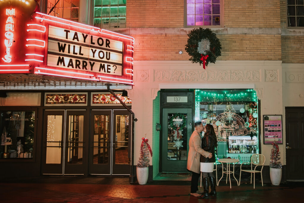 Engagement proposal in front of Northville’s historic theater