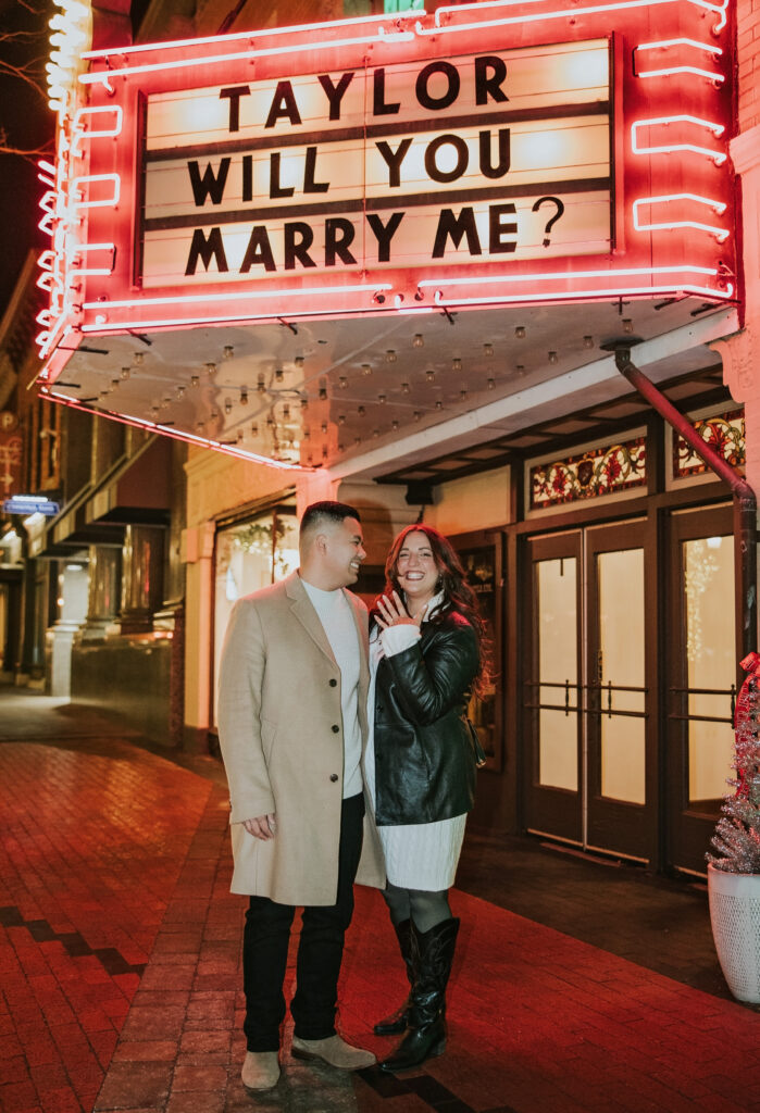 Engagement proposal in front of Northville’s historic theater