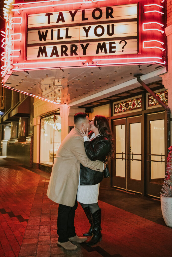 Engagement proposal in front of Northville’s historic theater