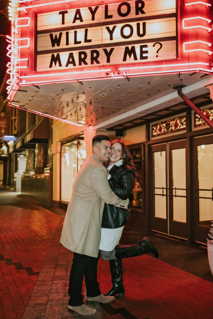 Couple sharing a romantic proposal moment in Northville, Michigan