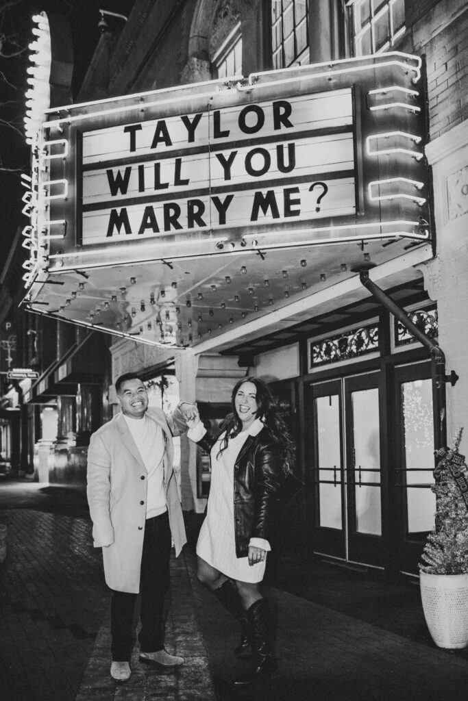 Engagement proposal in front of Northville’s historic theater