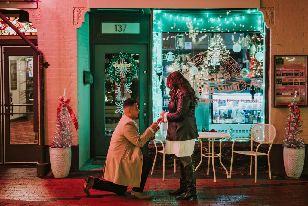 Couple sharing a romantic proposal moment in Northville, Michigan