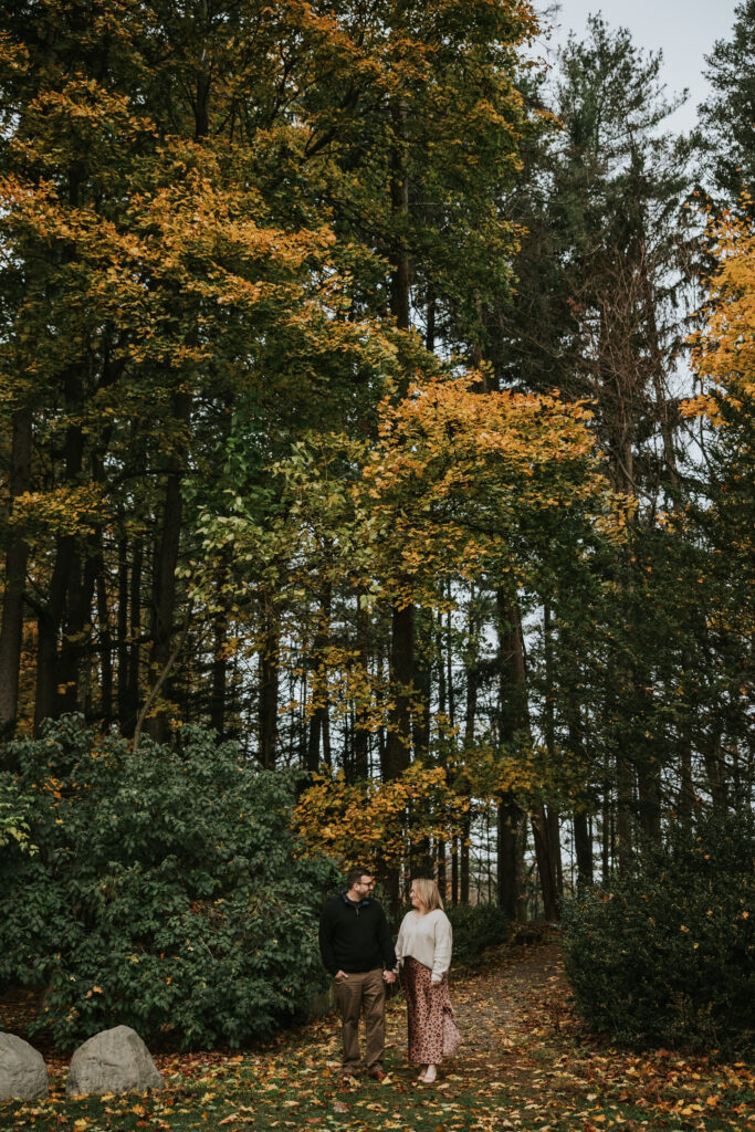 Couple smiling under colorful fall trees during their Cranbrook House and Gardens engagement session.