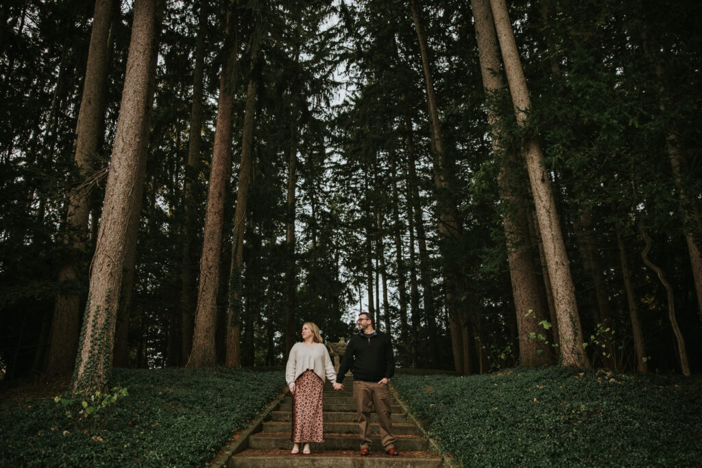 Couple standing on a path lined with golden trees during their Cranbrook engagement session.