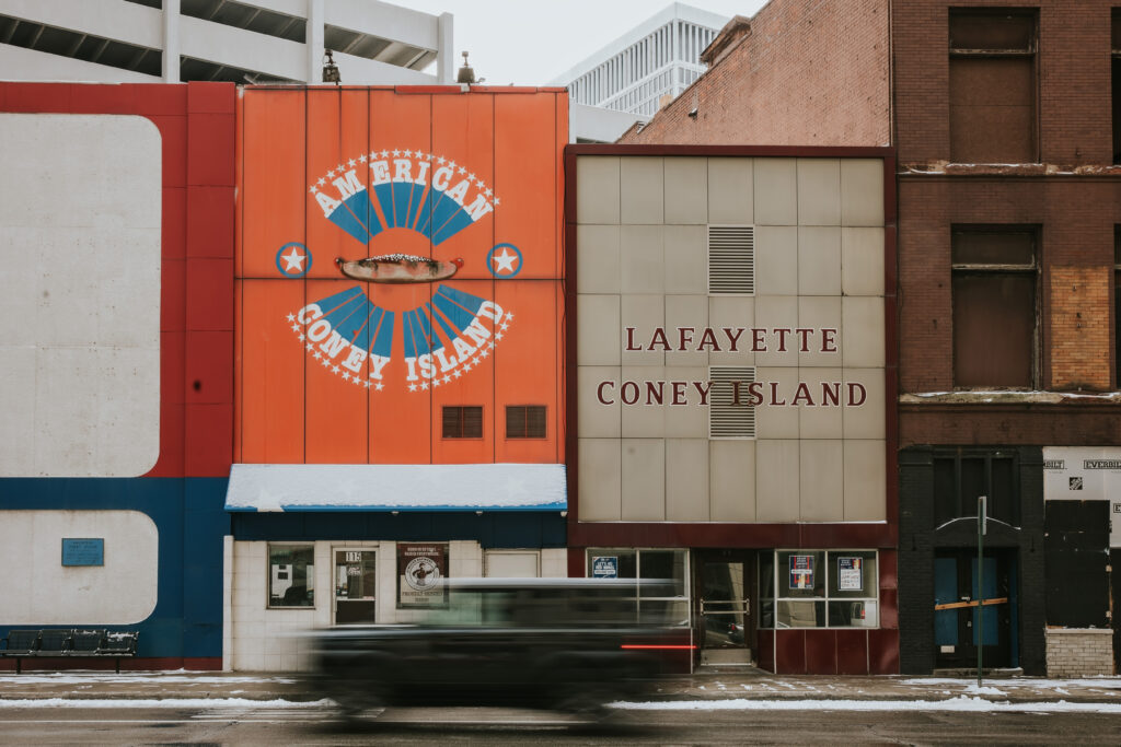 Iconic Lafayette Coney Island and American Coney Island signs in Detroit.