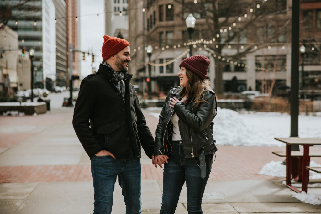 Detroit engagement session capturing the charm of the city’s winter streets.