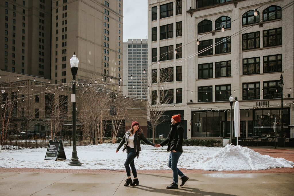 Detroit Winter Engagement Session showcasing a couple’s love for the city.