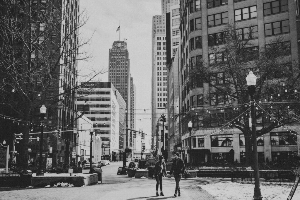 Detroit Winter Engagement Session blending iconic landmarks and a foodie theme.