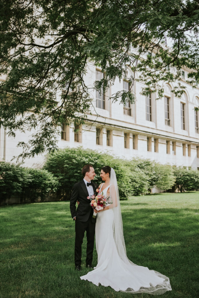 Bride and groom portrait at Detroit Main Library, Detroit wedding venue.