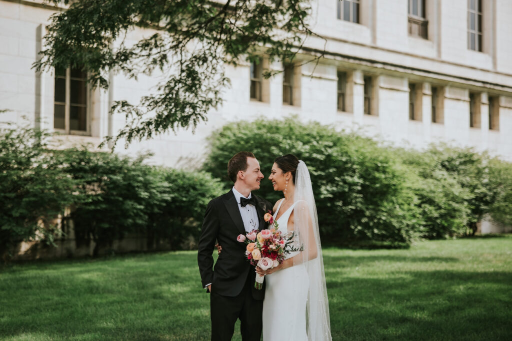 Bride and groom portrait at Detroit Main Library, Detroit wedding venue.