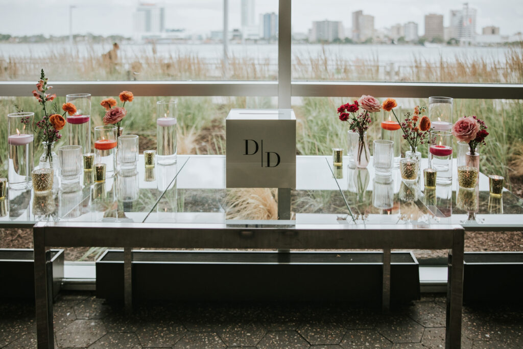 Beautiful floral arrangements by Emerald City Designs at Waterview Loft, Detroit wedding venue.