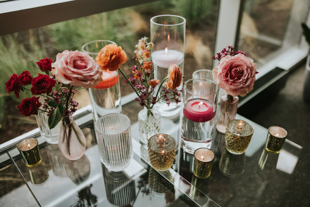 Floral decor with bright colors at Waterview Loft, Detroit wedding venue.