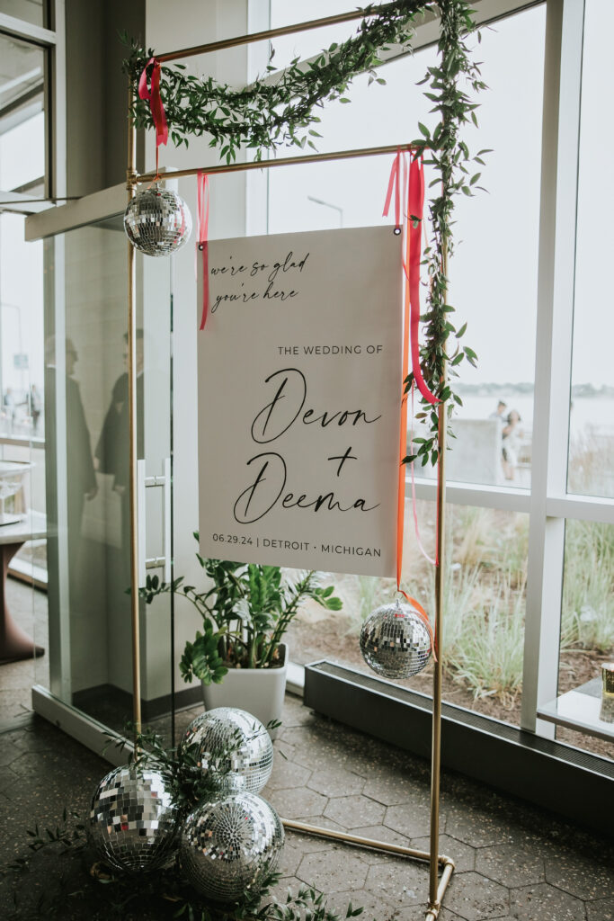 Disco ball decor at Waterview Loft, Detroit wedding venue.