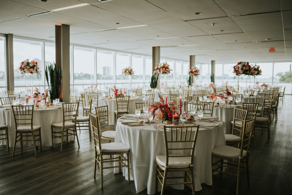 Vibrant floral decor at Waterview Loft, Detroit wedding venue.