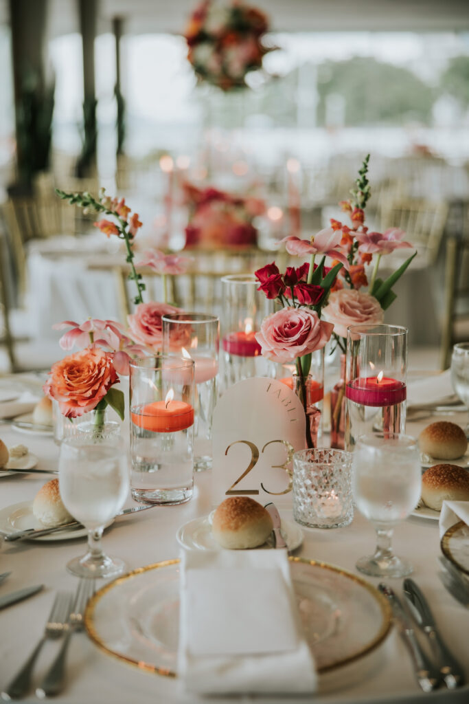 Floral arrangements by Emerald City Designs at Waterview Loft, Detroit wedding venue.