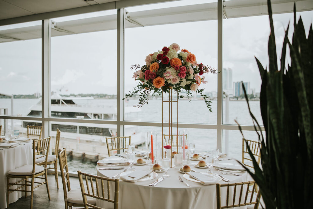 Floral centerpiece at Waterview Loft, Detroit wedding venue.