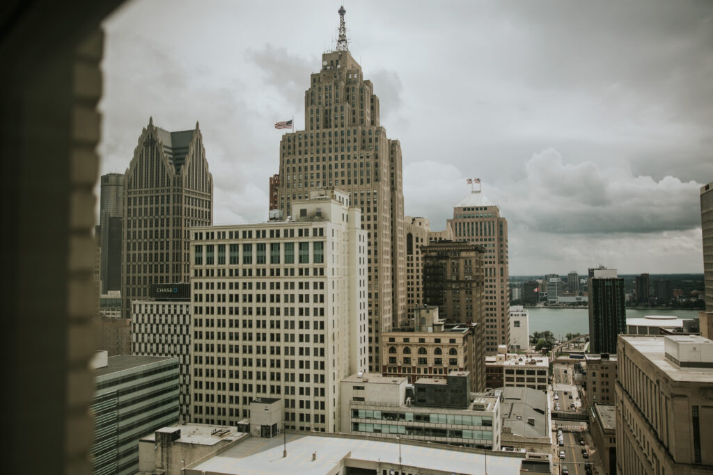 Detroit skyline from the Westin Book Cadillac wedding