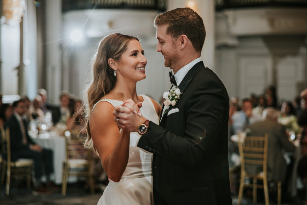 First dance at the Westin Book Cadillac wedding reception with romantic lighting