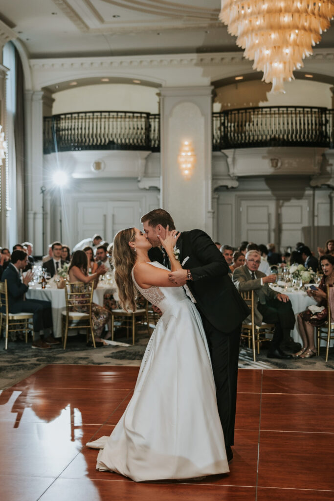 Bride and groom enjoying their first dance at the Westin Book Cadillac wedding reception