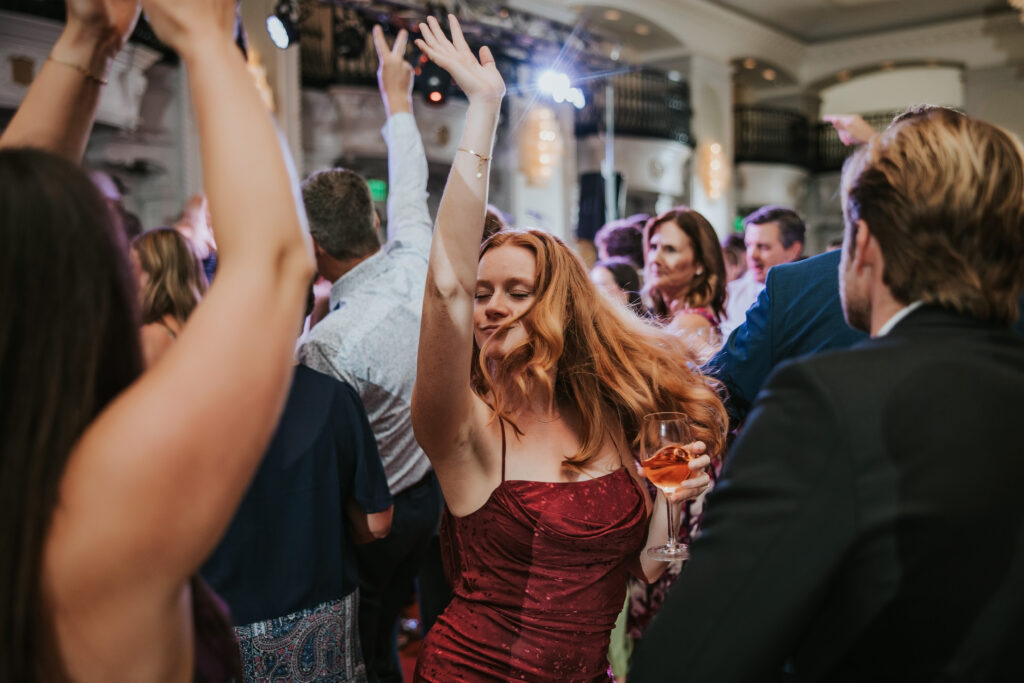 Wedding guests celebrating on the dance floor at the Westin Book Cadillac