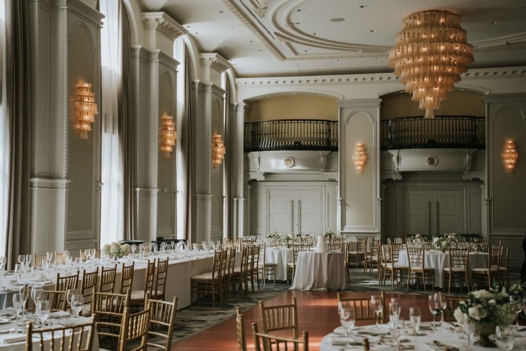 Elegant reception setup in the Venetian Ballroom at the Westin Book Cadillac