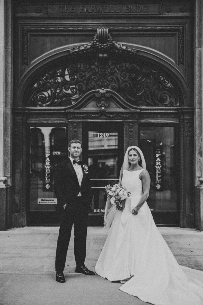 Bride and groom sharing a quiet moment during their wedding portraits in Detroit