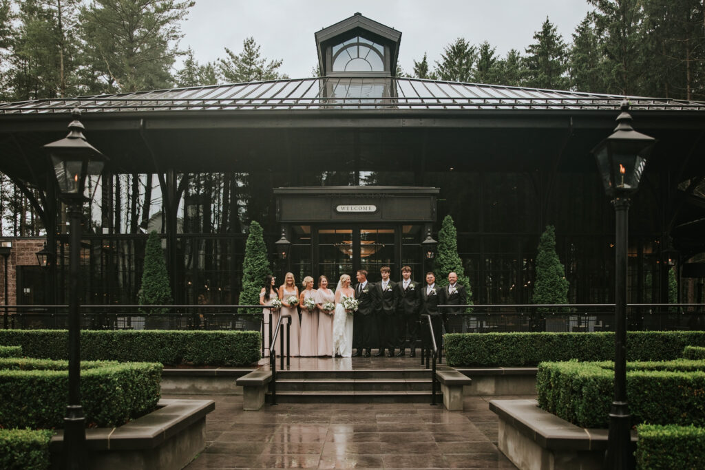 Bridal Party outside on a rainy day at a Shepherd's Hollow wedding | Shepherd's Hollow wedding photography