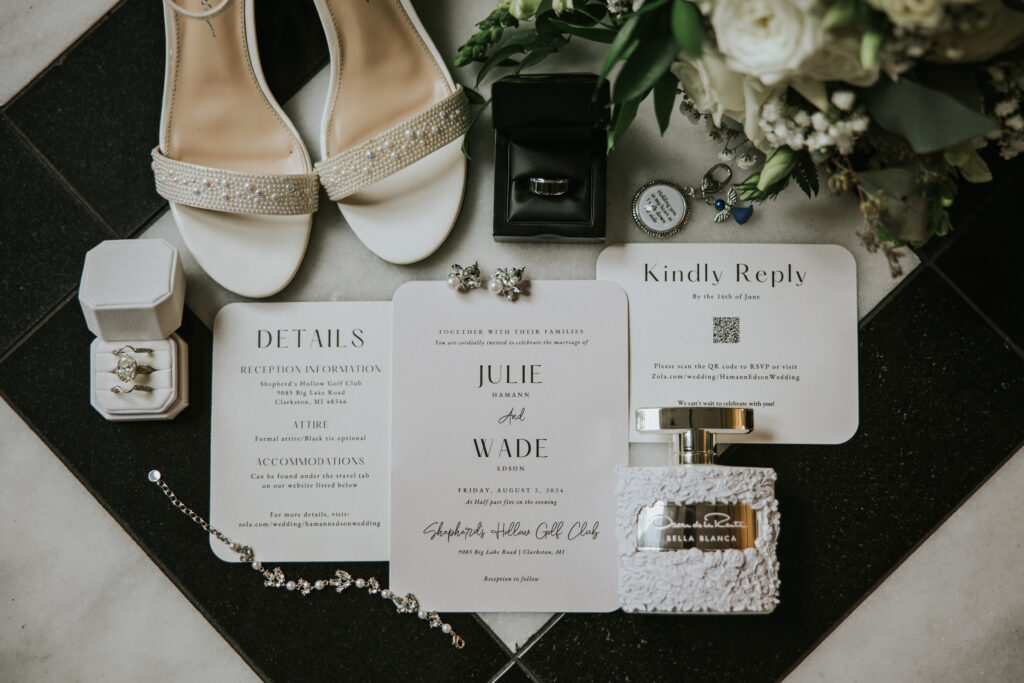 Shepherd's Hollow wedding bridal details flat lay