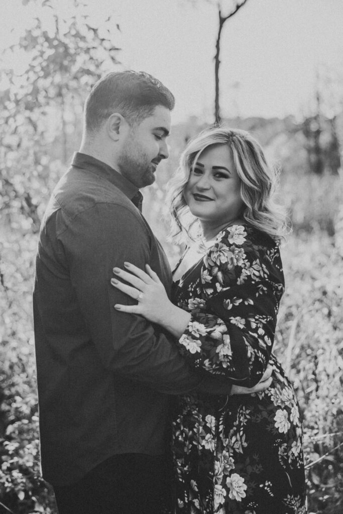 Black and white with future bride and groom at their Kensington Metropark Engagement Session