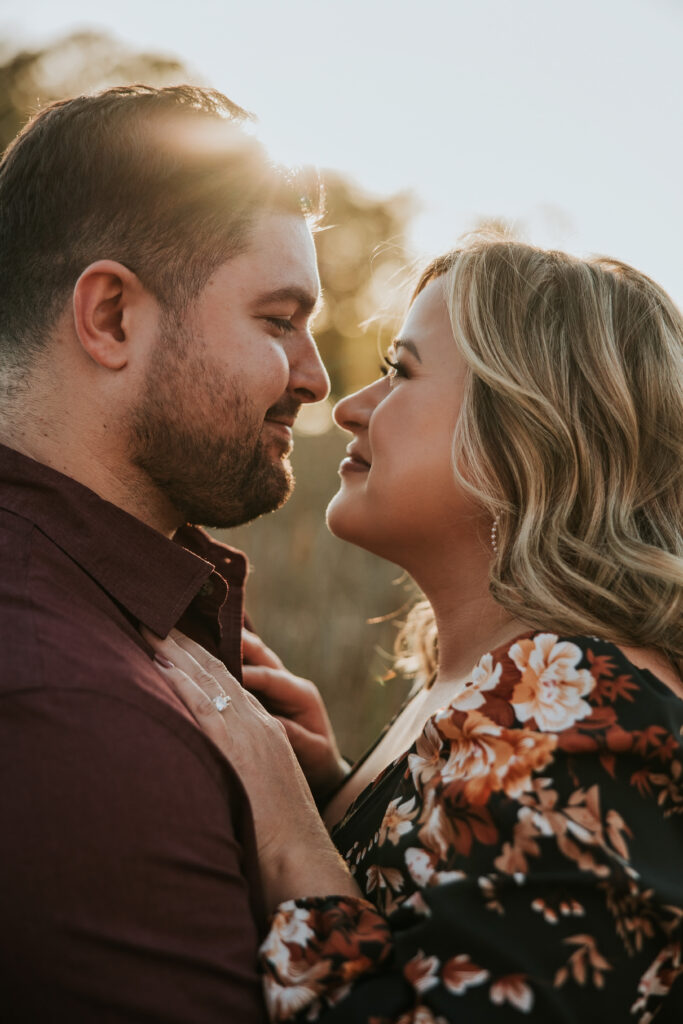 Close up of bride and groom looking at one another at their Kensington Metropark Engagement Session